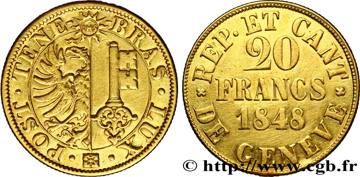SUISSE - RÉPUBLIQUE DE GENÈVE 20 Francs - Canton de Genève 1848  TTB 