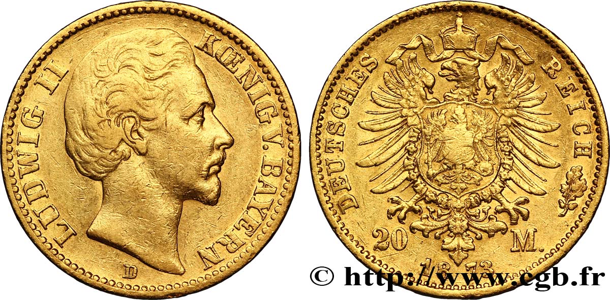 ALLEMAGNE - BAVIÈRE 20 Mark Louis II / aigle 1873 Munich - D TTB 
