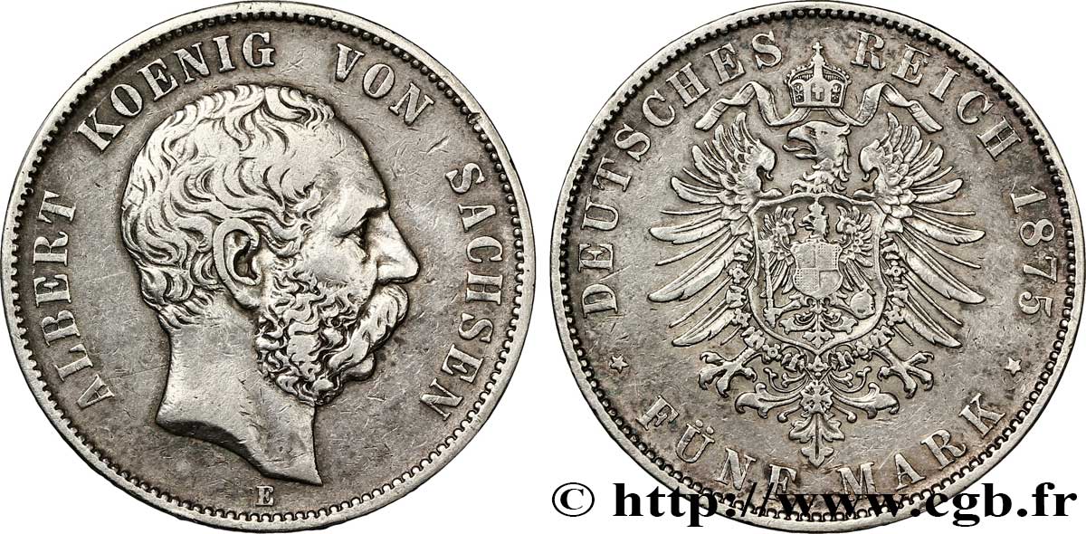 ALLEMAGNE - SAXE 5 Mark Royaume de Saxe, roi Albert / aigle impérial 1875 Muldenhütten - E TTB 
