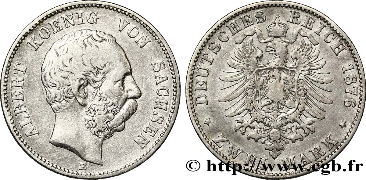 ALLEMAGNE - SAXE 2 Mark - Royaume de Saxe Albert / aigle 1876 Dresde - E TB+ 