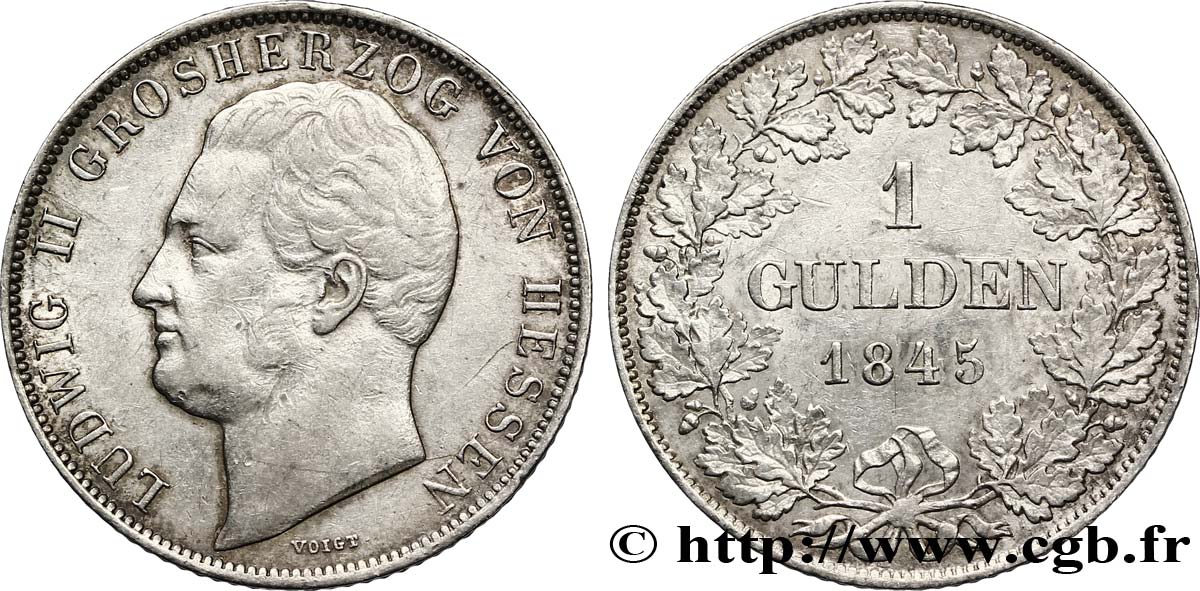 ALLEMAGNE - HESSE 1 Gulden Louis II de Hesse-Darmstadt / écu couronné avec manteau 1845  TTB+ 
