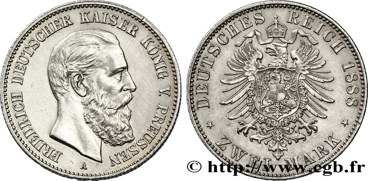 ALLEMAGNE - PRUSSE 2 Mark Frédéric III / aigle 1888 Berlin SUP 