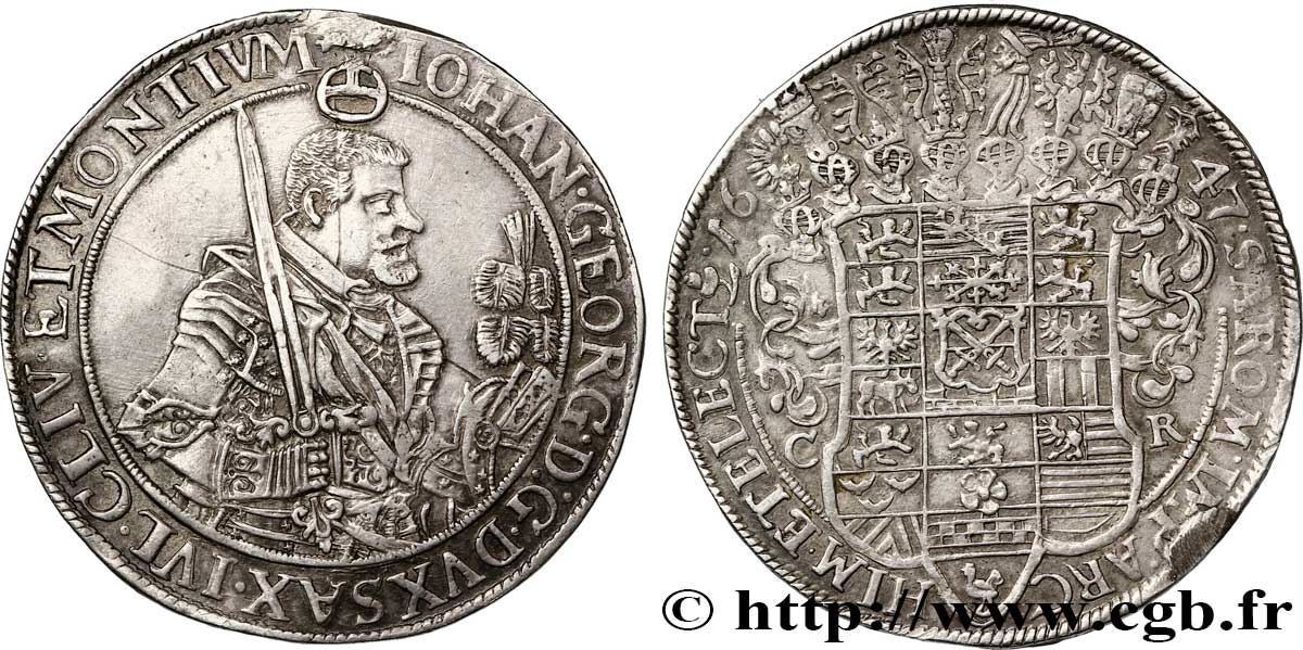 ALLEMAGNE - SAXE 1 Thaler Duché de Saxe, Jean-Georges Ier en armure / écu aux heaumes 1647 Leipzig TTB 