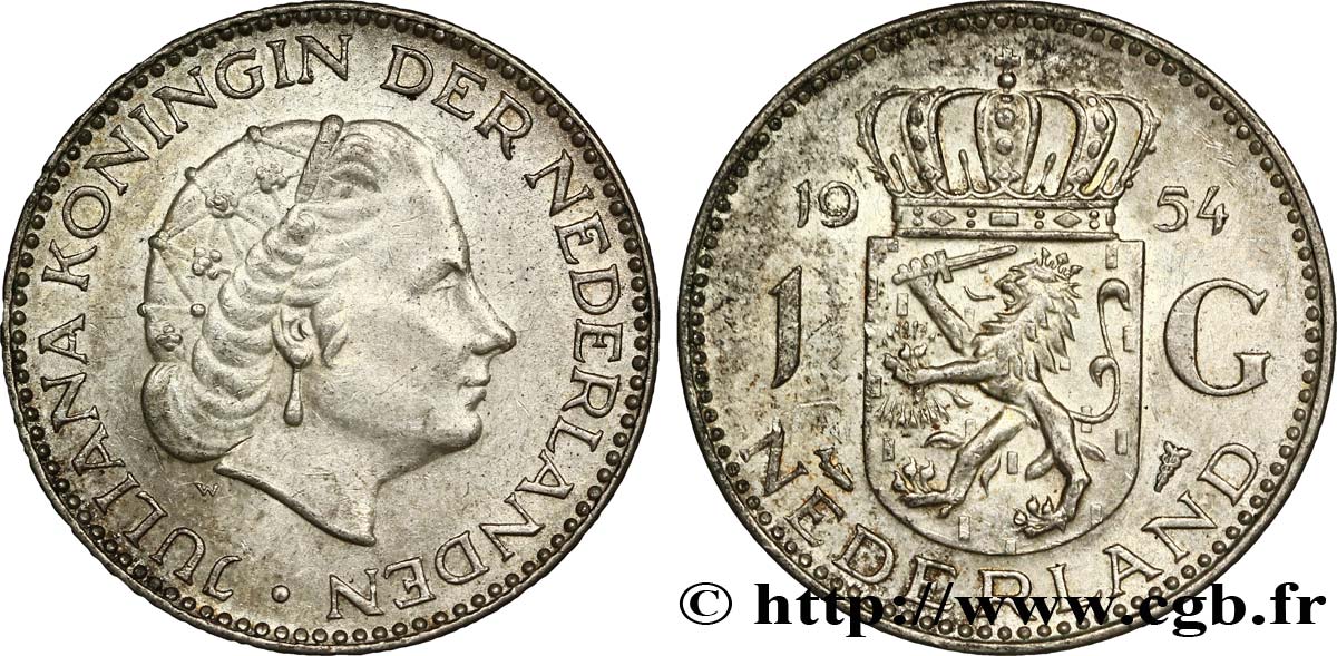 NETHERLANDS 1 Gulden Juliana 1954  AU 