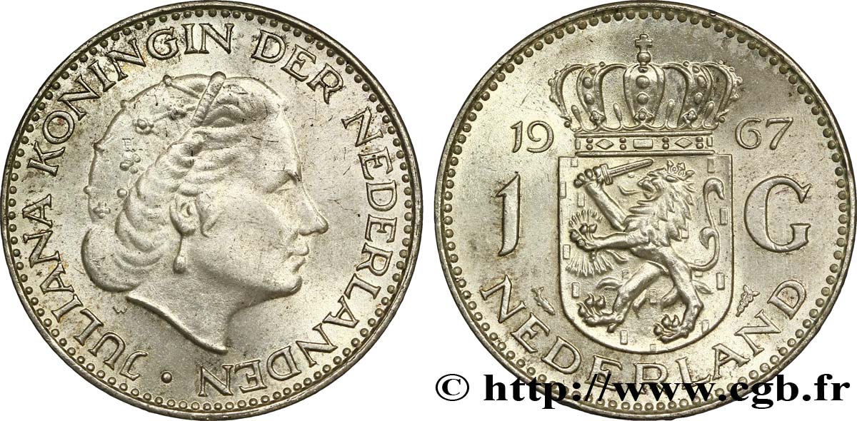 NETHERLANDS 1 Gulden Juliana 1967  AU 