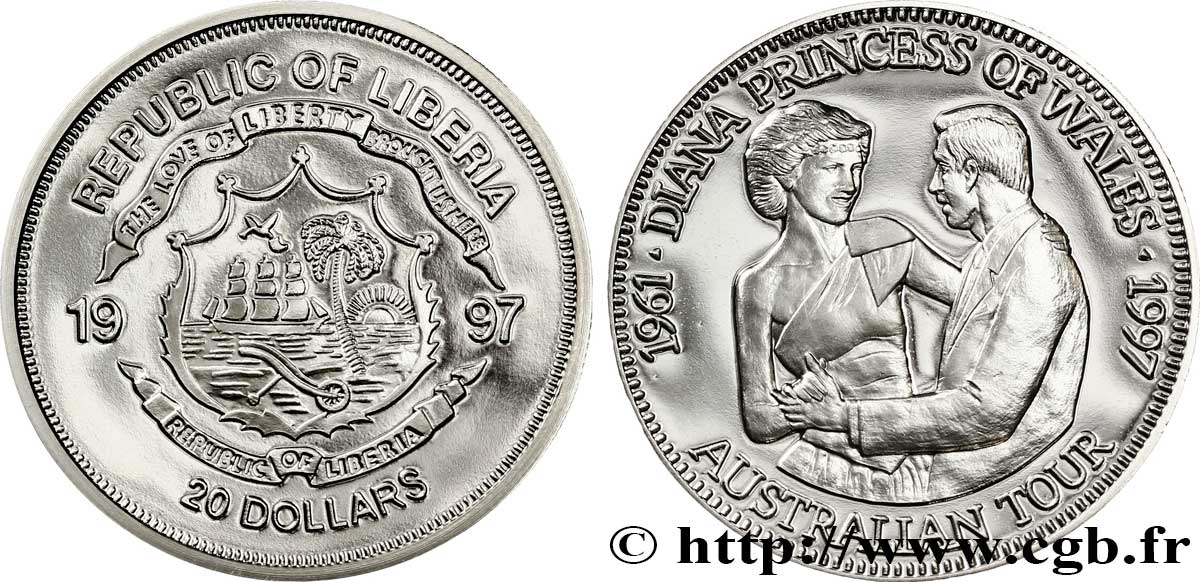 LIBERIA 20 Dollars Proof armes / Princesse Diana et Prince Charles 1997  FDC 