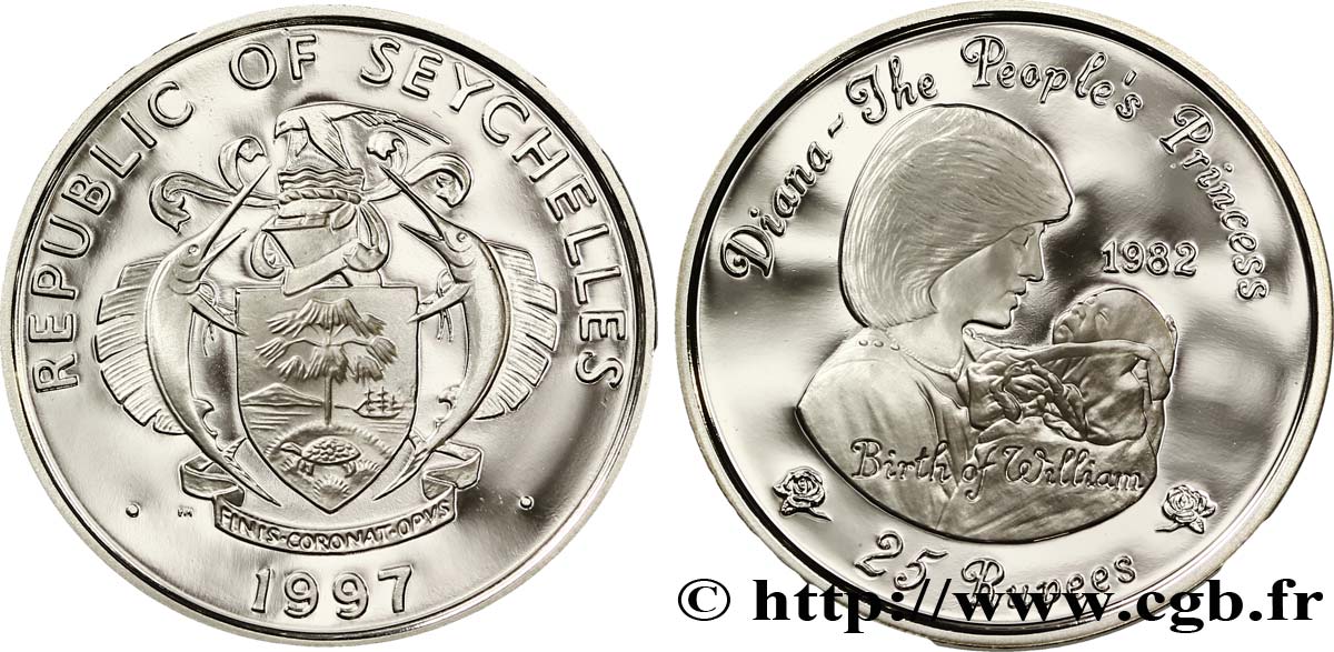 SEYCHELLES 25 Rupees emblème / Princesse Diana et la naissance de William 1997  FDC 