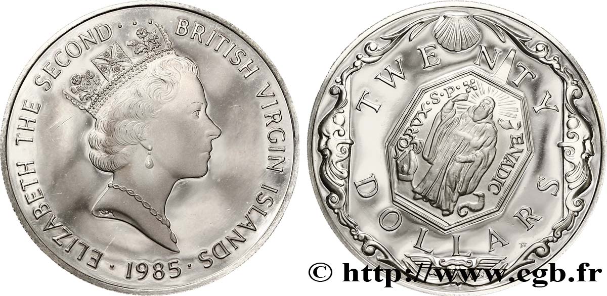 ÎLES VIERGES BRITANNIQUES 20 Dollars Proof Elisabeth II / médaille religieuse 1985  SPL 