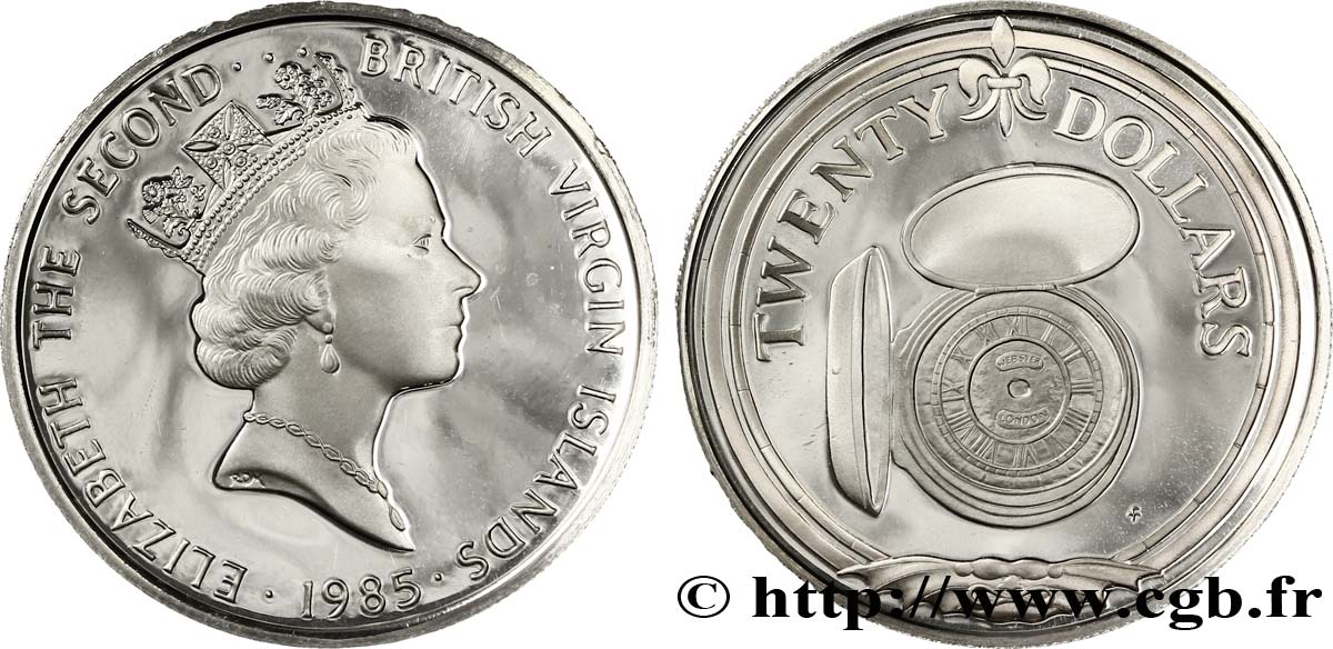 ÎLES VIERGES BRITANNIQUES 20 Dollars Proof Elisabeth II / montre de poche 1985  SPL 