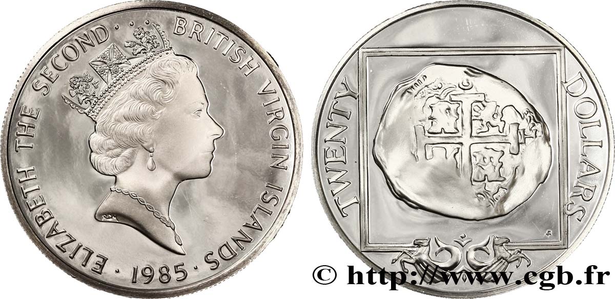 ÎLES VIERGES BRITANNIQUES 20 Dollars Proof Elisabeth II / monnaie de 8 Reales 1985  SPL 