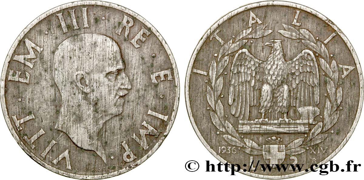 ITALIA 2 Lire Victor Emmanuel III an XIV / aigle faisceau de licteur 1936 Rome - R q.SPL 