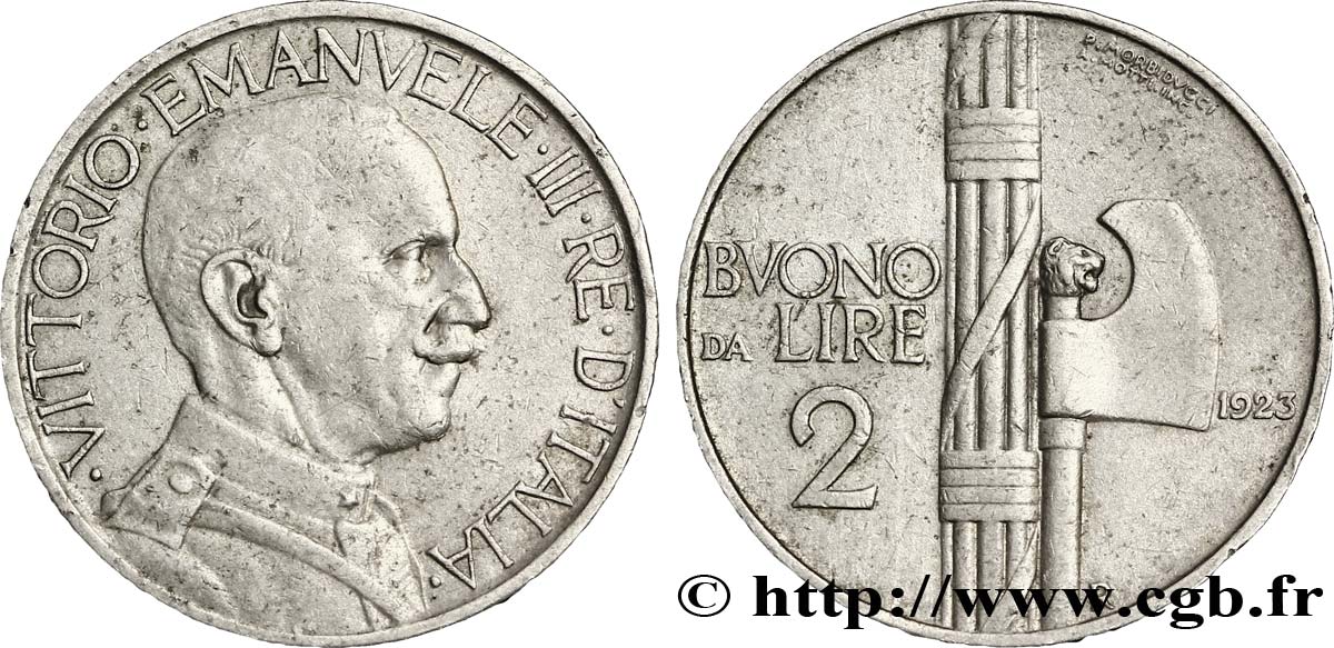 ITALIA Bon pour 2 Lire (Buono da Lire 2) Victor Emmanuel III / faisceau de licteur 1923 Rome - R MBC+ 