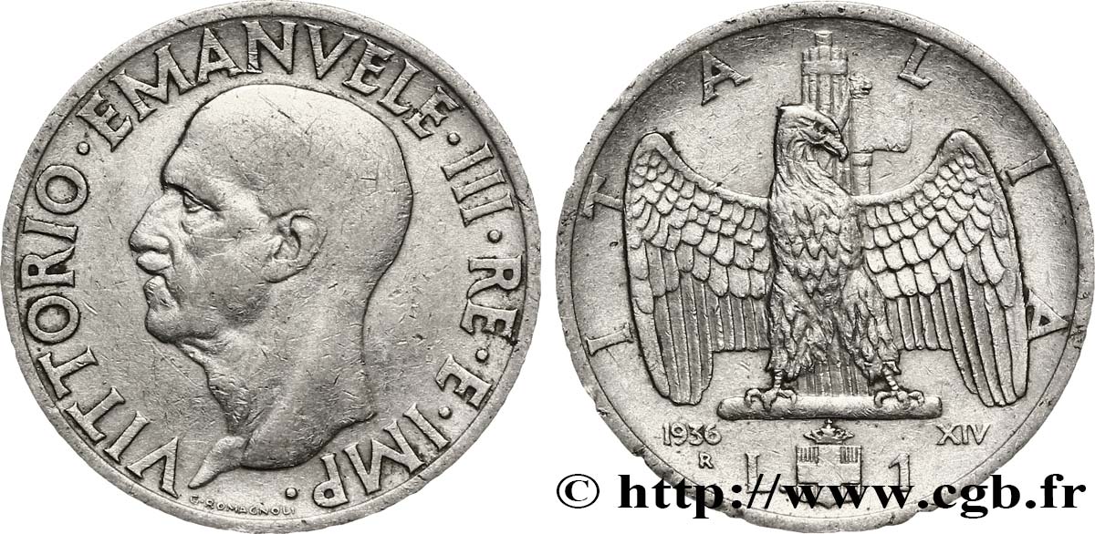ITALIE 1 Lire Victor-Emmanuel III an XIV / aigle et faisceau 1936 Rome - R TTB 
