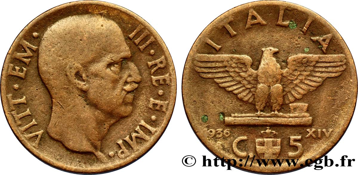 ITALIE 5 Centesimi  Victor Emmanuel III an XIV / aigle 1936 Rome - R TB 