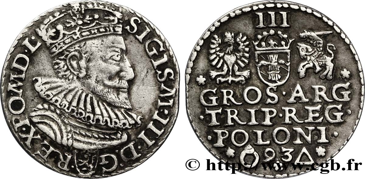 POLOGNE 3 Groszy Sigismond III Vasa 1593 Marienburg TTB+ 
