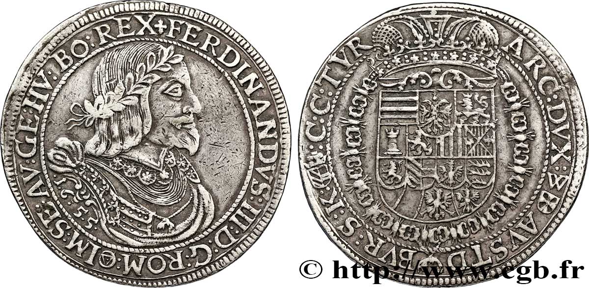 AUTRICHE 1 Thaler Empereur Ferdinand III / armes couronnées 1655 Graz TTB 