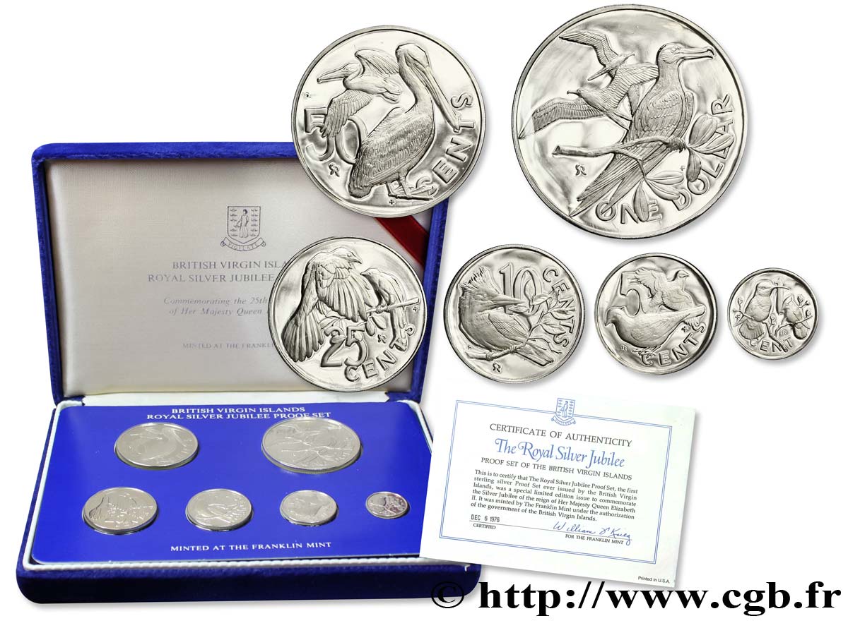 ÎLES VIERGES BRITANNIQUES Série Proof 6 monnaies Jubilé d’argent Elisabeth II 1977 Franklin Mint FDC 