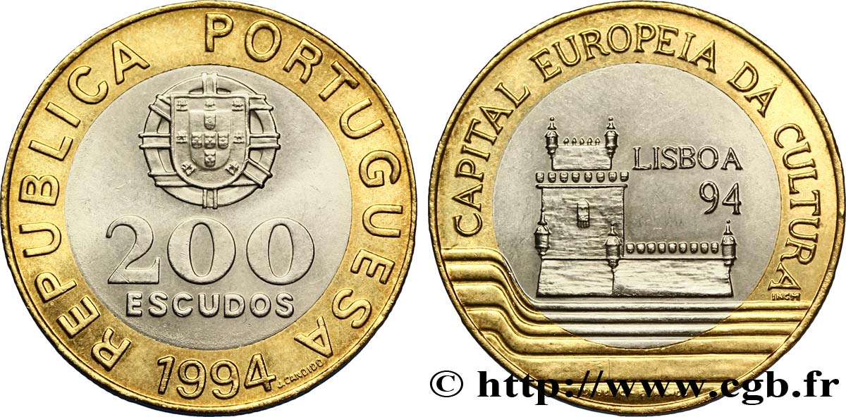 PORTUGAL 200 Escudos “Lisbonne, capitale culturelle de l’Europe” emblème / Tour de Belém 1994  VZ 
