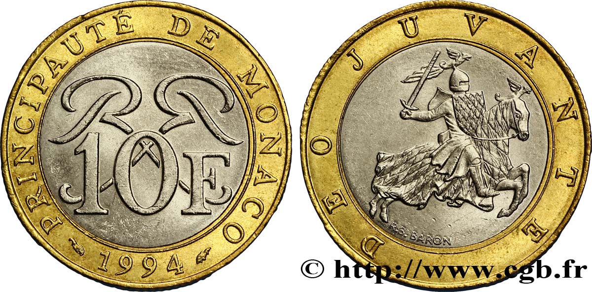 MONACO 10 Francs monogramme de Rainier III / chevalier en armes 1994 Paris SUP 