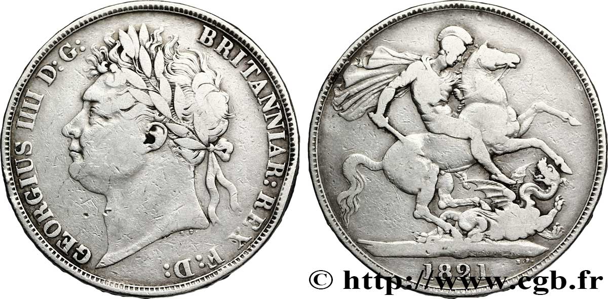 ROYAUME-UNI 1 Crown Georges IIII / St Georges terrassant le dragon variété “SECUNDO” sur tranche 1821  TB 
