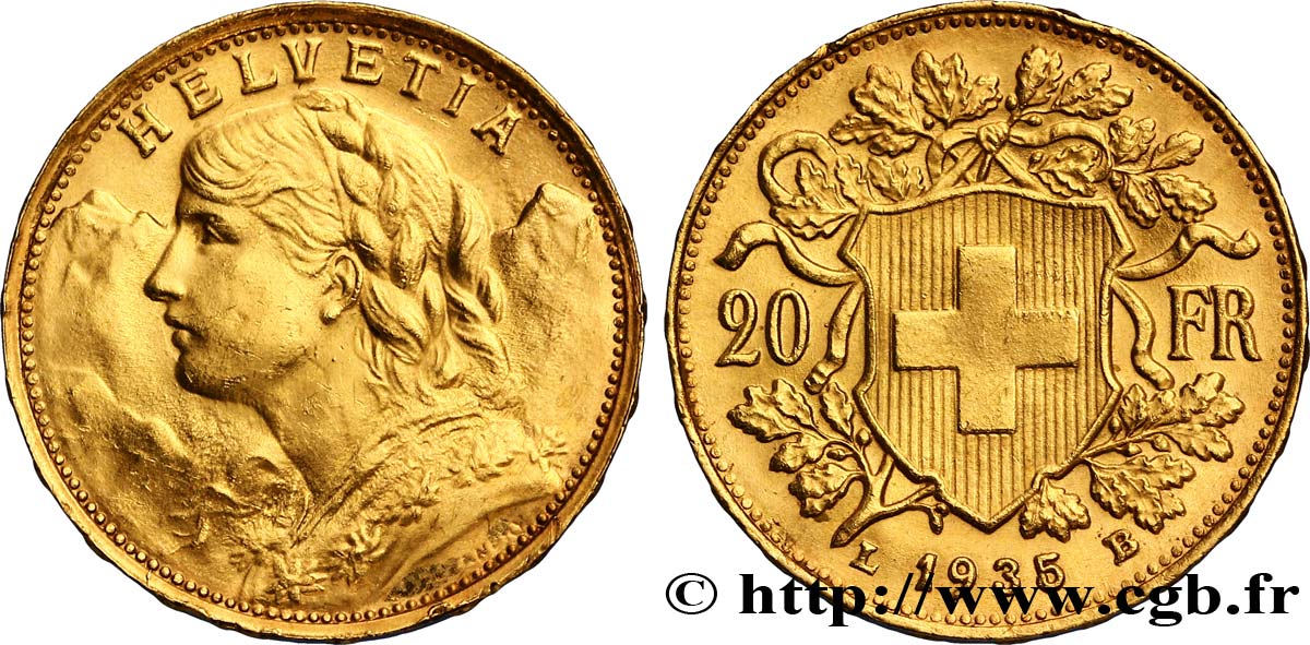 SUISSE 20 Francs or  Vreneli  1935 Berne SUP 