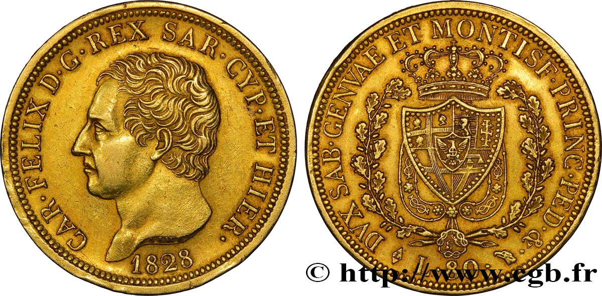 ITALY - KINGDOM OF SARDINIA 80 Lire or Charles Félix de Savoie 1828 Turin AU52 