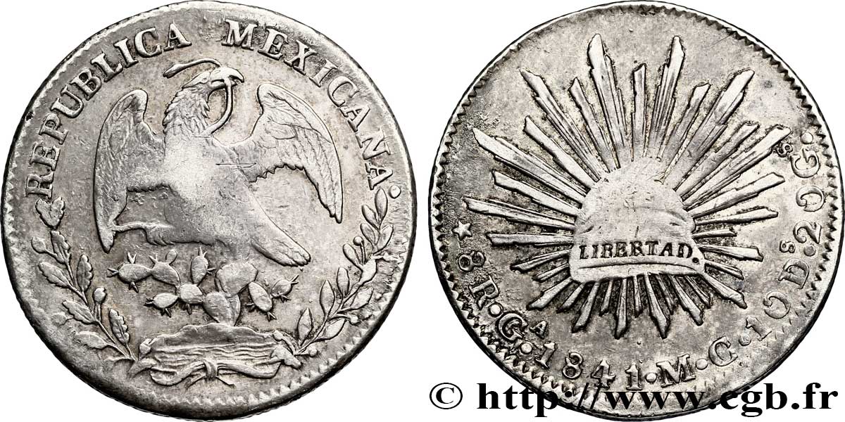 MEXIQUE 8 Reales Aigle / bonnet phrygien sur soleil 1841 Guadalajara - Ga TB+ 