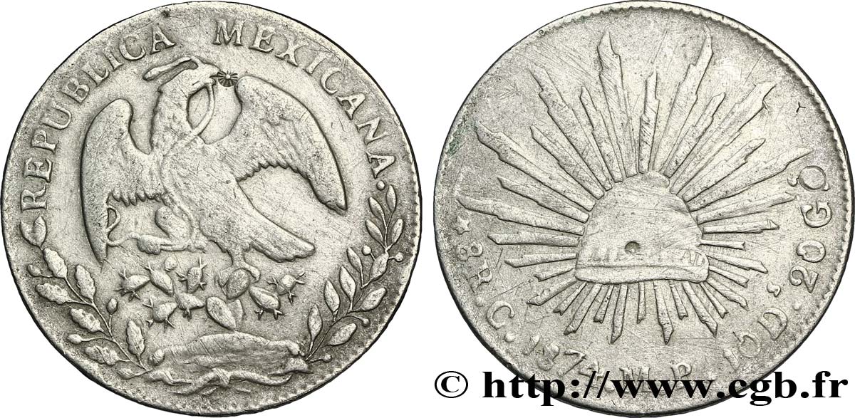 MEXIQUE 8 Reales Aigle / bonnet phrygien sur soleil 1874 Culiacan - C TB 