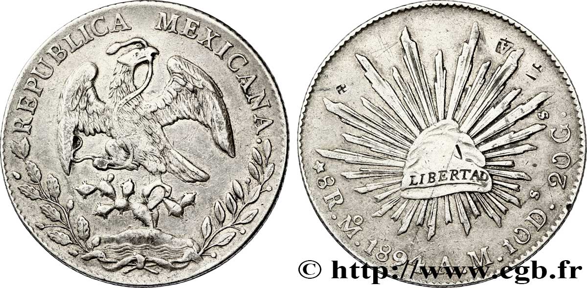 MEXIQUE 8 Reales Aigle / bonnet phrygien sur soleil avec contremarques au revers 1894 Mexico - M° TTB 