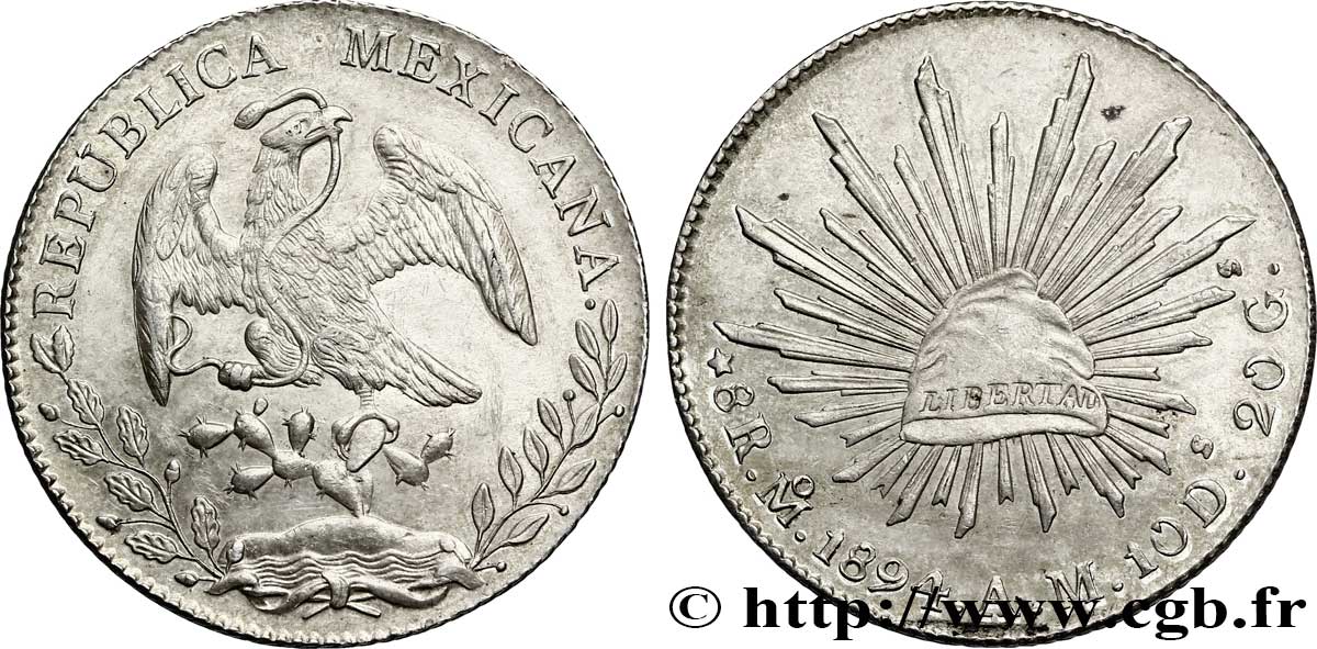 MEXIQUE 8 Reales Aigle / bonnet phrygien sur soleil avec contremarques au revers 1894 Mexico - M° SUP 
