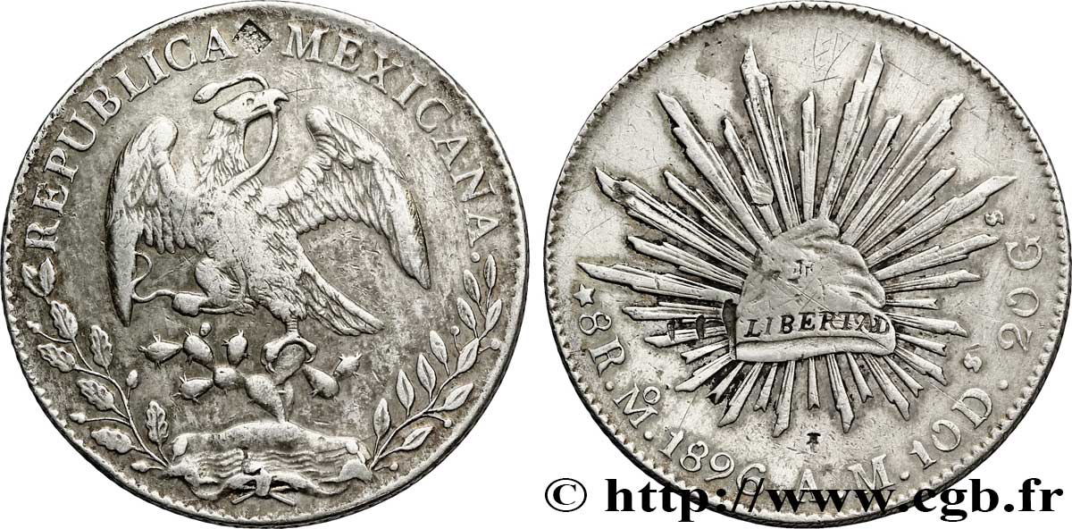 MEXIQUE 8 Reales Aigle / bonnet phrygien sur soleil avec contremarques 1896 Mexico - M° TTB 