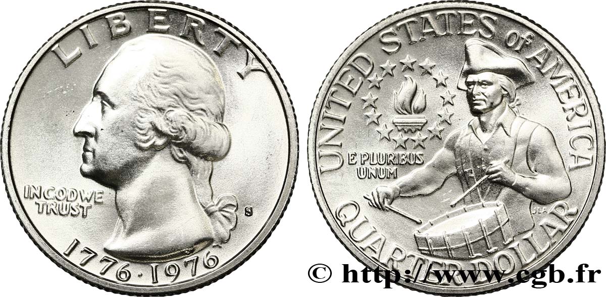 ÉTATS-UNIS D AMÉRIQUE 1/4 Dollar Bicentenaire Georges Washington / tambour 1976 San Francisco FDC 