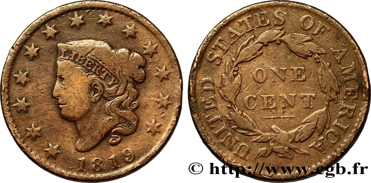ÉTATS-UNIS D AMÉRIQUE 1 Cent “Matron Head” variété à petite date 1819 Philadelphie B+ 