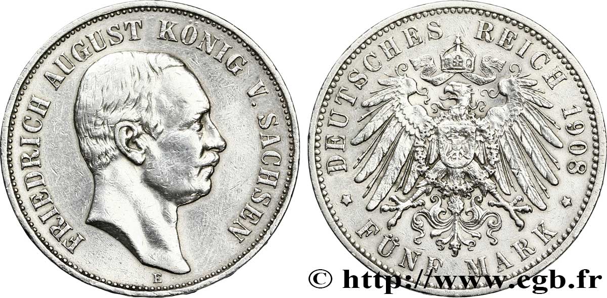 ALLEMAGNE - SAXE 5 Mark Royaume de Saxe, Frédéric Auguste / aigle impérial 1908 Muldenhütten - E TTB 