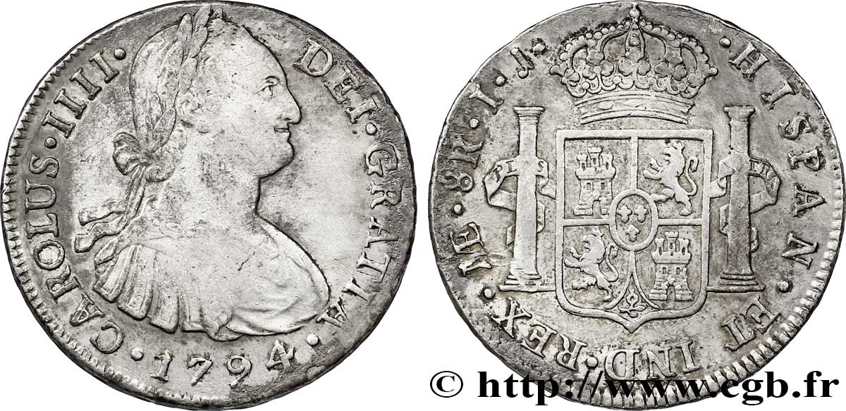 PÉROU 8 Reales Charles IIII d’Espagne IJ 1794 Lima TB+ 
