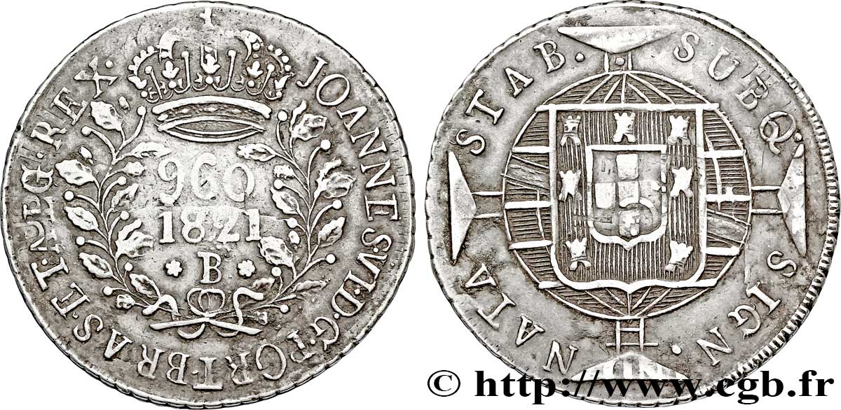 BRÉSIL 960 Reis Jean VI (Joao) frappée sur une monnaie de 8 Reales 1821 Bahia TTB 