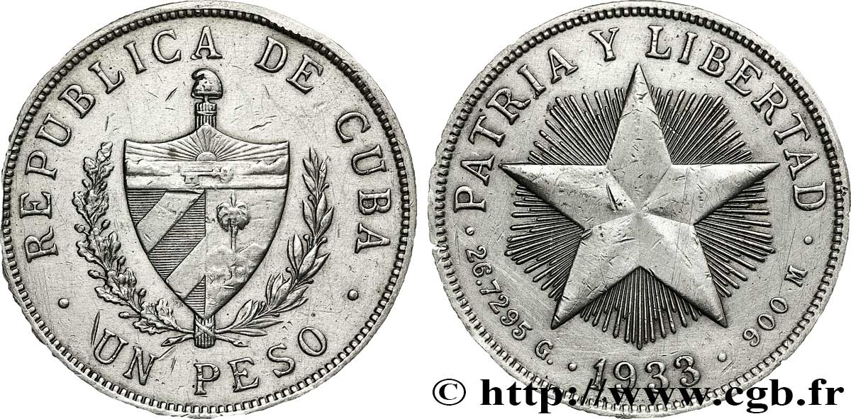 CUBA 1 Peso emblème / étoile 1933  TTB 