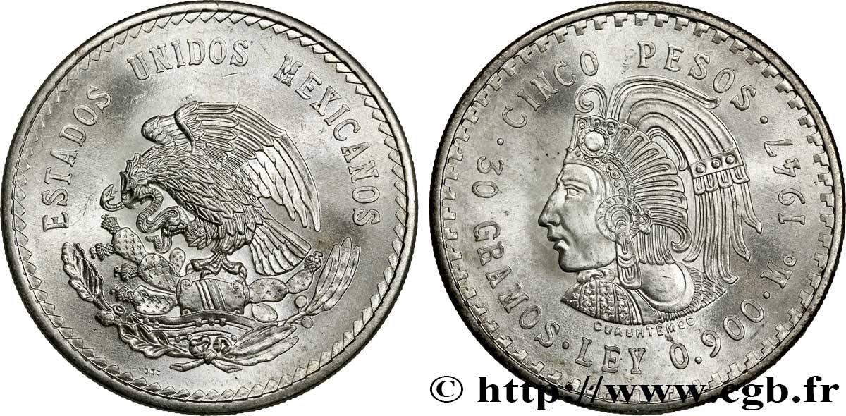 MEXIQUE 5 Pesos Aigle / buste de Cuauhtemoc 1947 Mexico SPL 