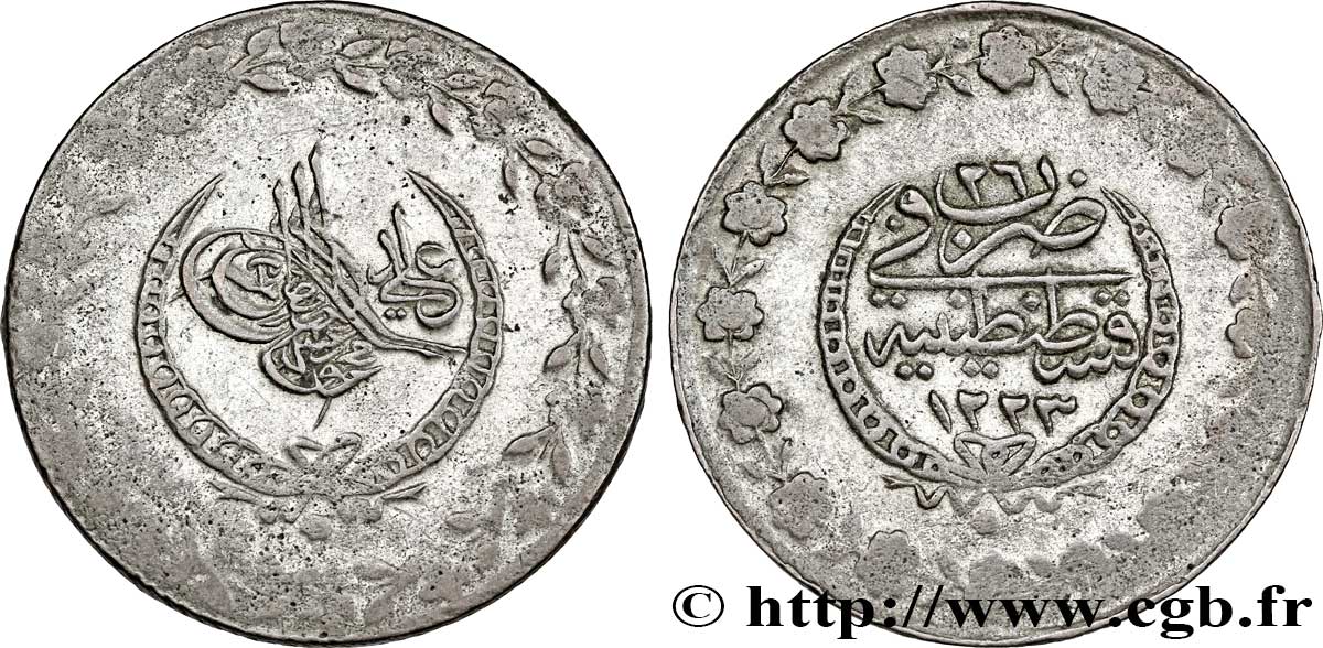 TURQUIE 5 Kurush frappe au nom de Mahmoud II AH1223 an 26 1833 Constantinople TB+ 