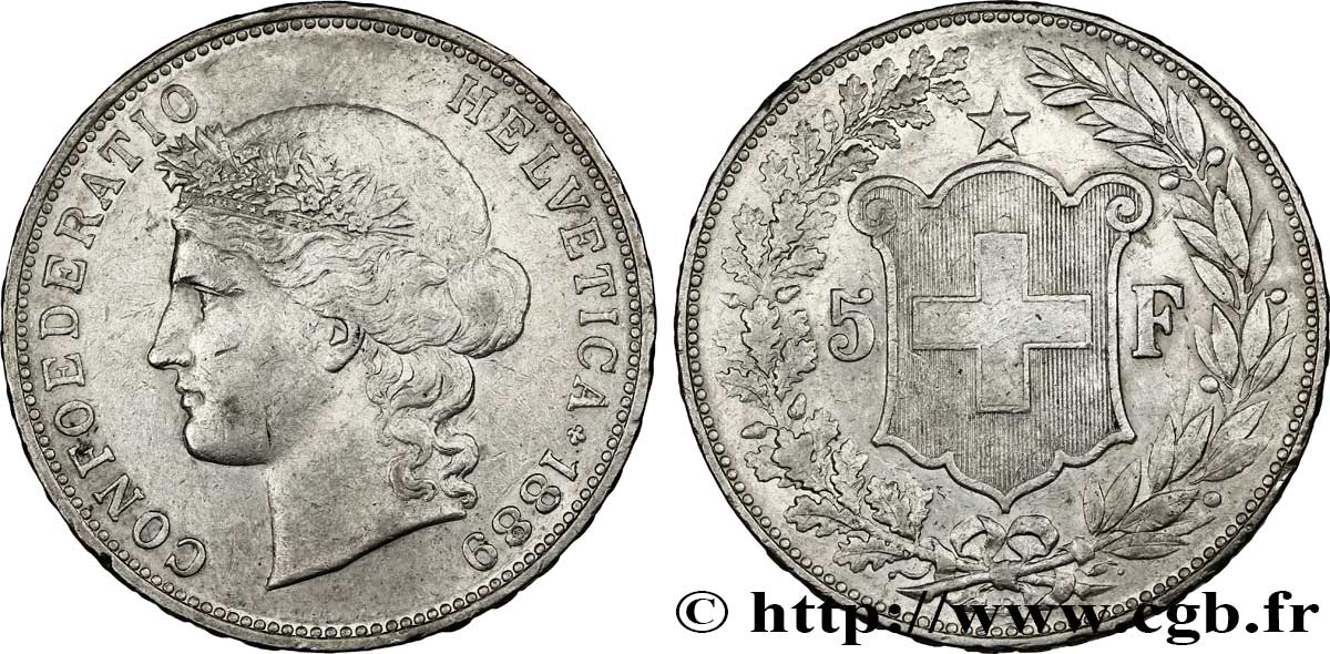SUISSE 5 Francs Helvetia buste 1889 Berne - B TB+ 