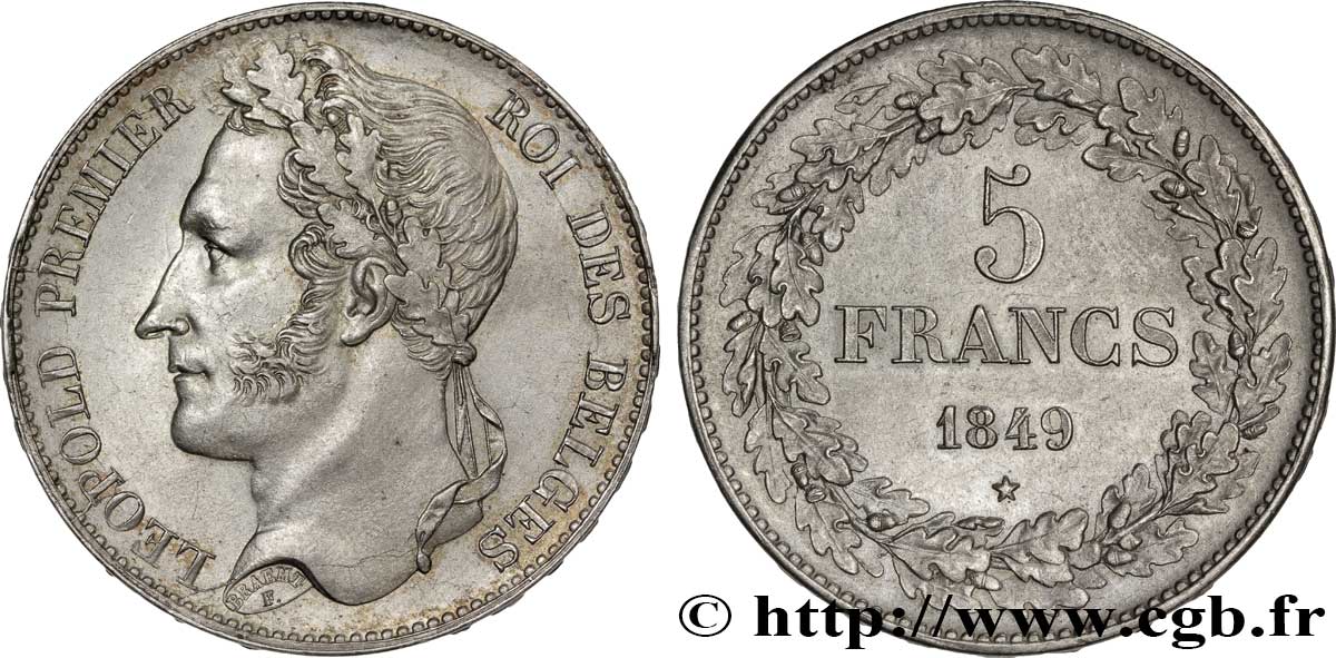BELGIQUE 5 Francs Léopold Ier tête laurée 1849  SUP 
