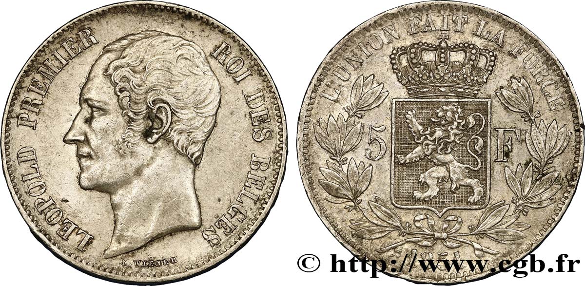 BELGIQUE 5 Francs Léopold Ier tête nue 1851  TTB+ 