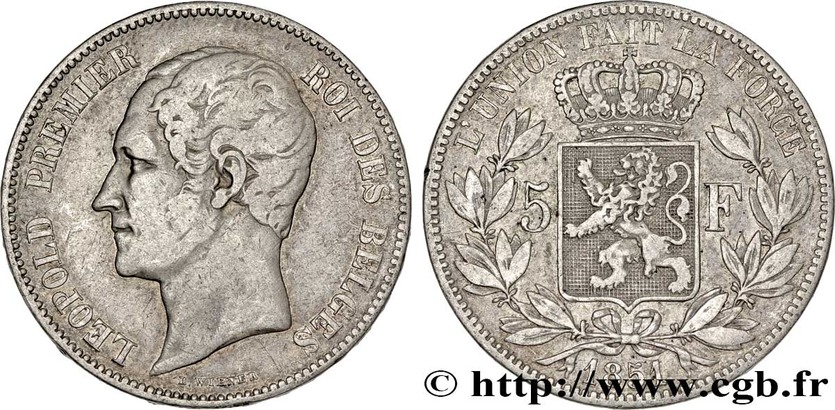 BELGIQUE 5 Francs Léopold Ier 1851  TB+ 