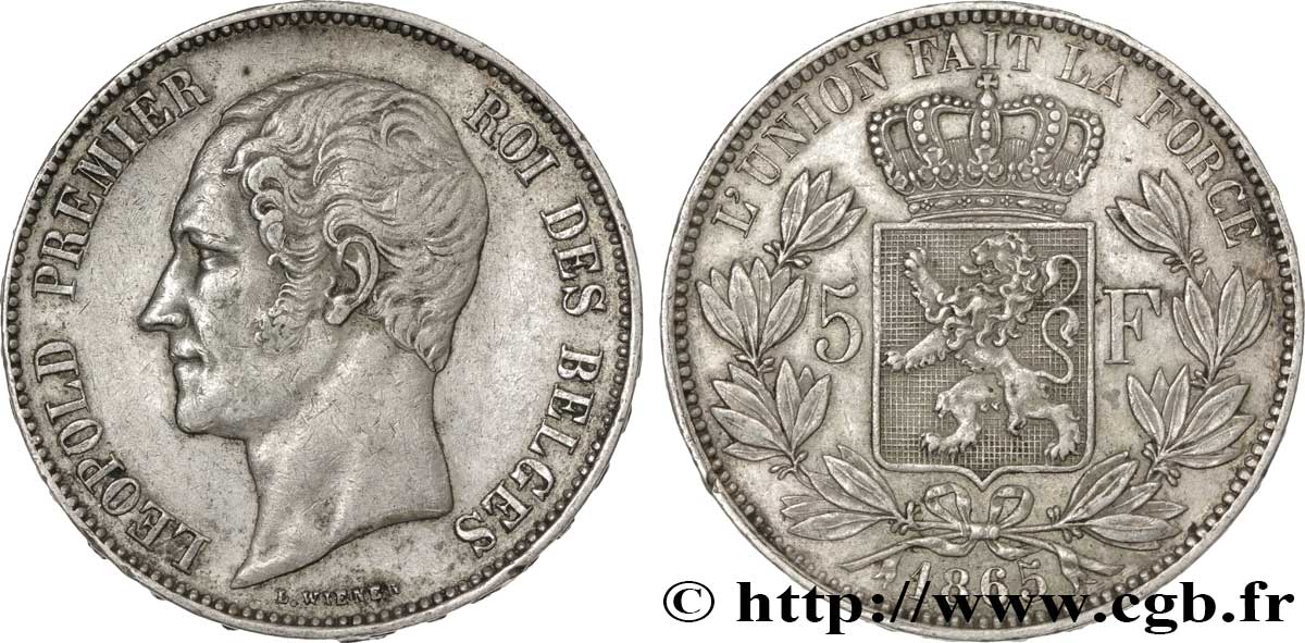 BELGIQUE 5 Francs Léopold Ier / écu couronné  1865  TTB 