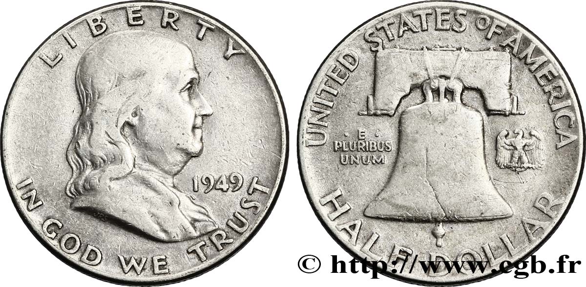ÉTATS-UNIS D AMÉRIQUE 1/2 Dollar Benjamin Franklin 1949 Philadelphie TB+ 
