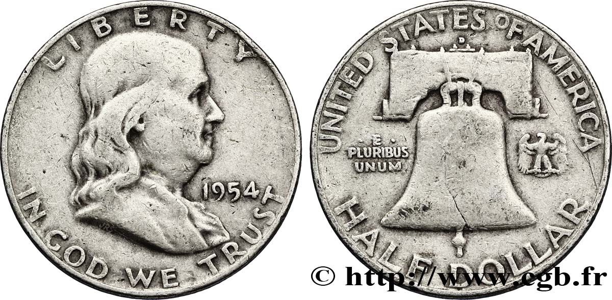 ÉTATS-UNIS D AMÉRIQUE 1/2 Dollar Benjamin Franklin 1954 Denver TB 