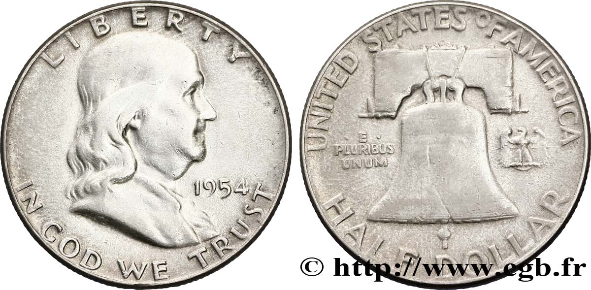 ÉTATS-UNIS D AMÉRIQUE 1/2 Dollar Benjamin Franklin 1954 Philadelphie TB+ 