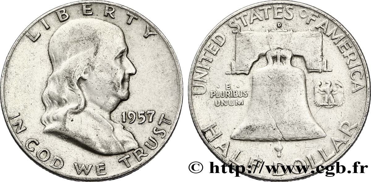 ÉTATS-UNIS D AMÉRIQUE 1/2 Dollar Benjamin Franklin 1957 Denver TB 