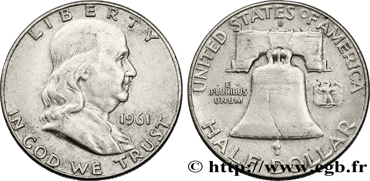 ÉTATS-UNIS D AMÉRIQUE 1/2 Dollar Benjamin Franklin 1961 Denver TB+ 
