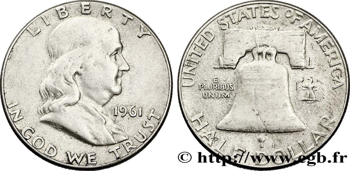 ÉTATS-UNIS D AMÉRIQUE 1/2 Dollar Benjamin Franklin 1961 Philadelphie TB+ 